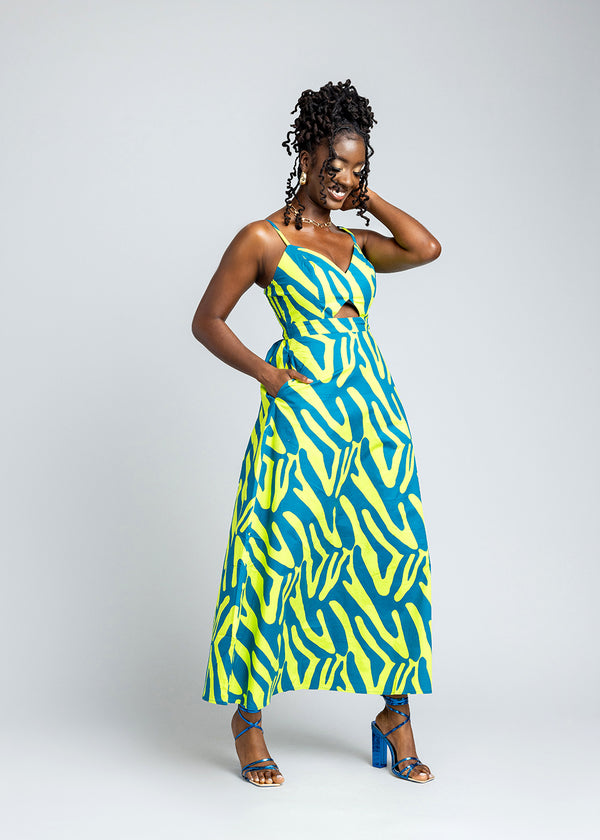 Anjiola Women's African Print Maxi Dress (Lime Zebra Abstract)
