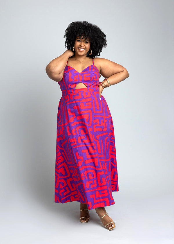 Anjiola Women's African Print Maxi Dress (Purple Red Geometric)