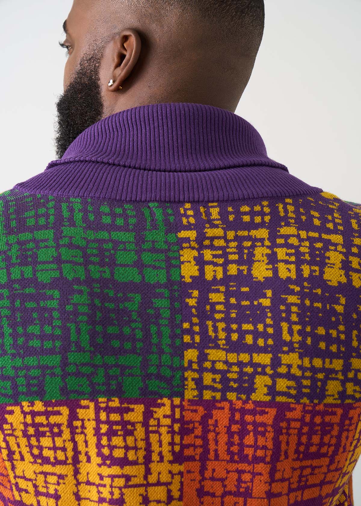 Aren Men's African Print Cardigan Sweater (Harvest Plaid Adire) - Clearance - D'IYANU