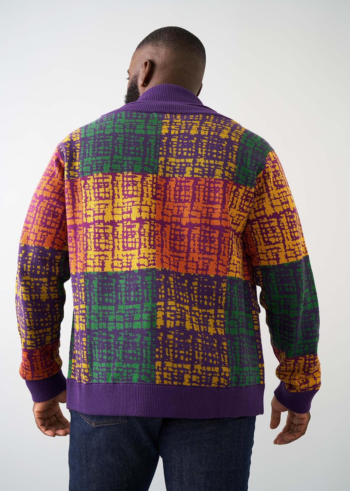 Aren Men's African Print Cardigan Sweater (Harvest Plaid Adire) - Clearance - D'IYANU