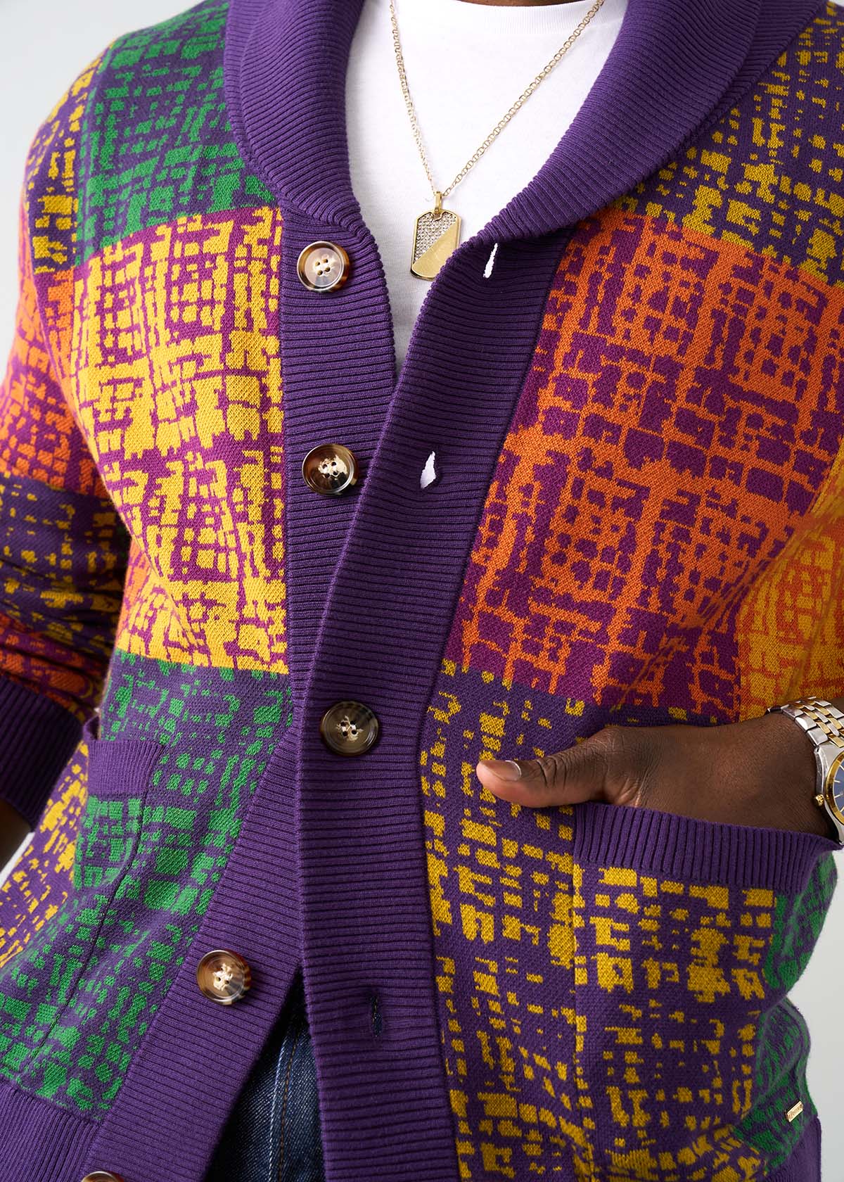 Aren Men's African Print Cardigan Sweater (Harvest Plaid Adire) - Clearance - D'IYANU