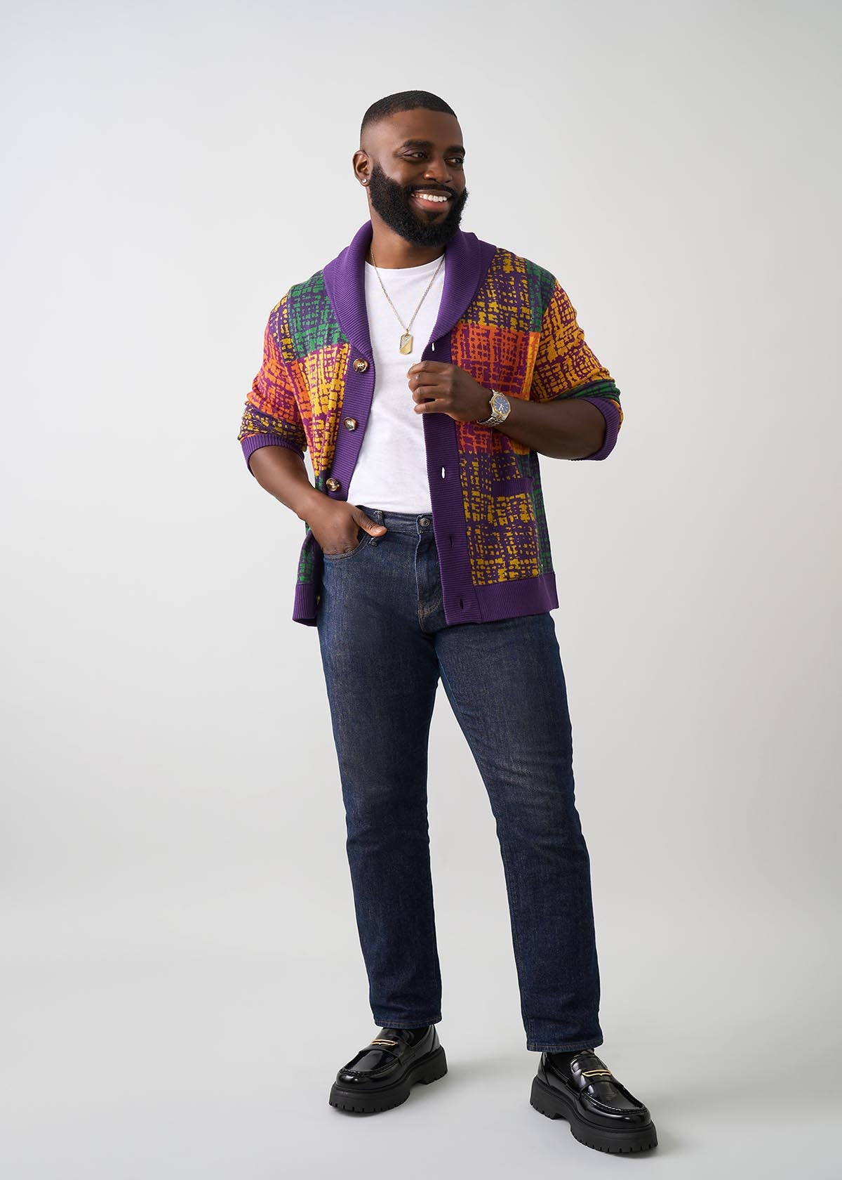 Aren Men's African Print Cardigan Sweater (Harvest Plaid Adire) - Clearance - D'IYANU