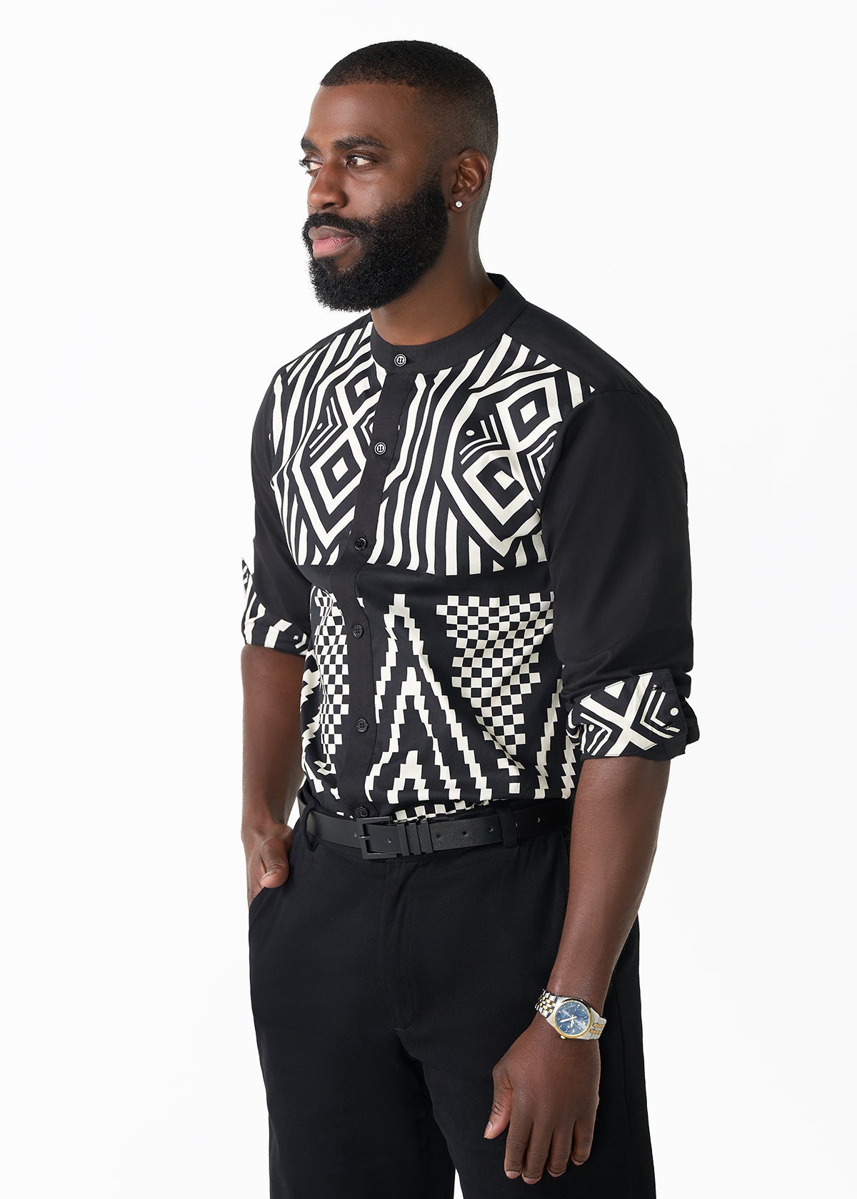 Arno Men's African Print Mandarin Button-up Shirt (Black Cream Tribal) - D'IYANU
