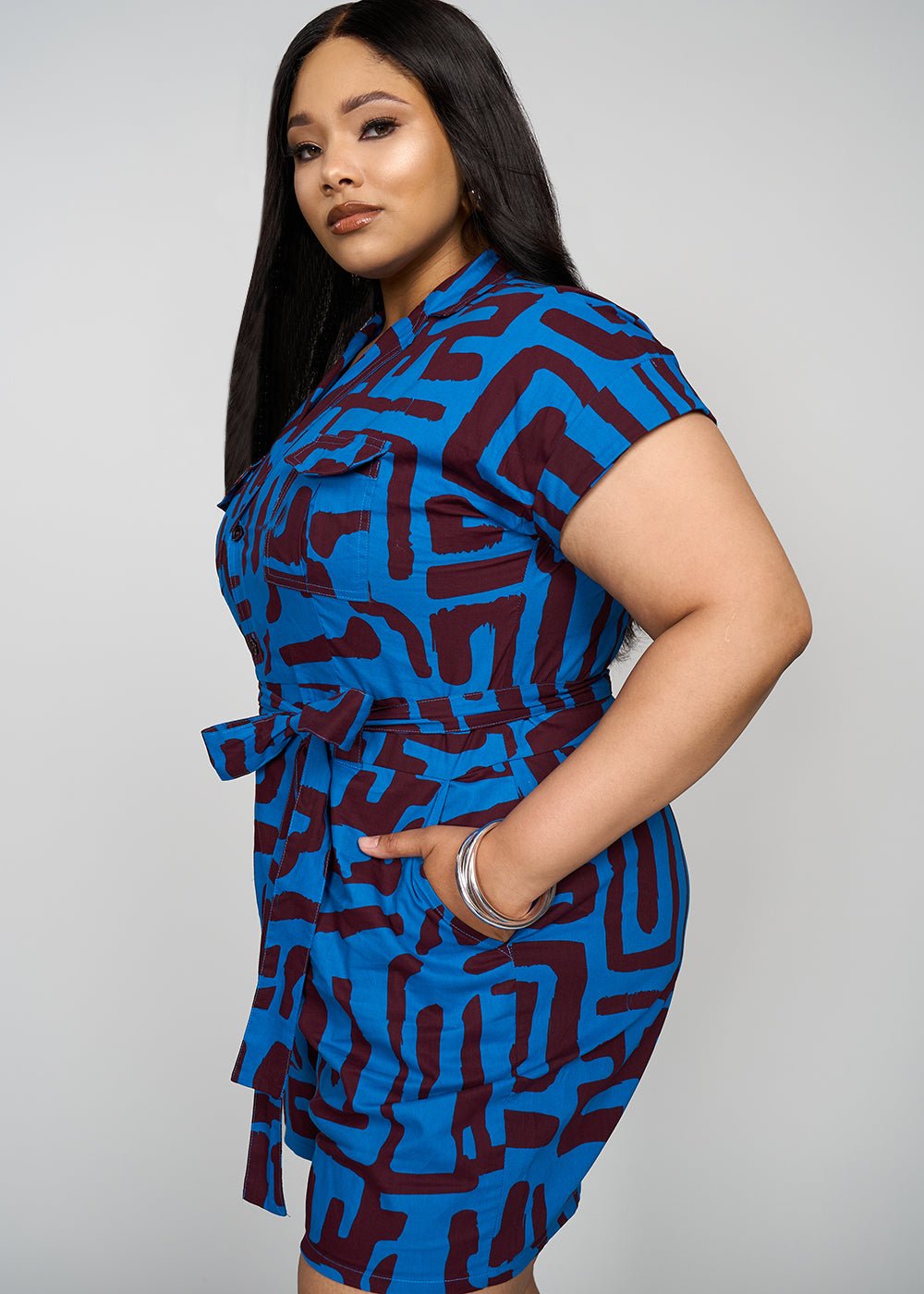 Asale Women's African Print Romper (Fig Blue Geometric) - D'IYANU