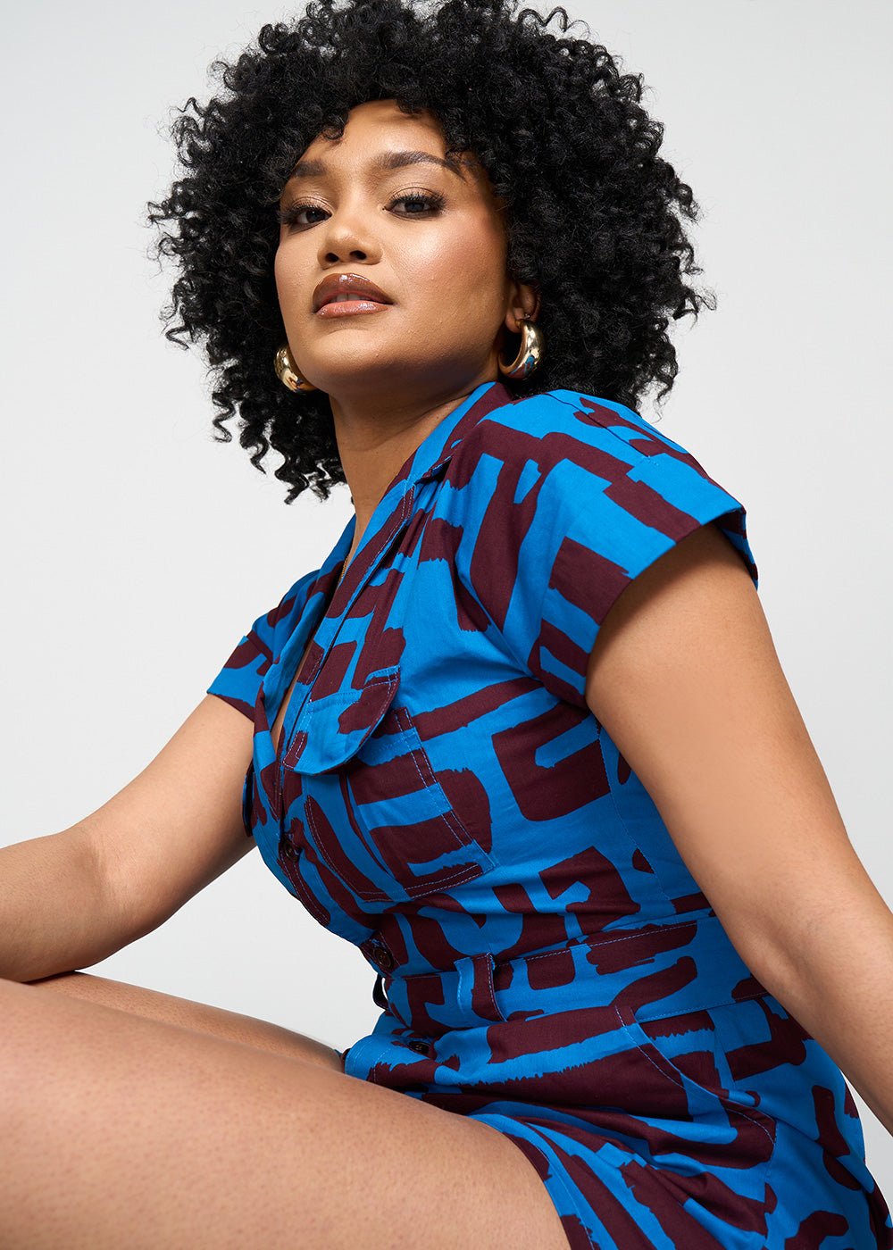 Asale Women's African Print Romper (Fig Blue Geometric) - D'IYANU