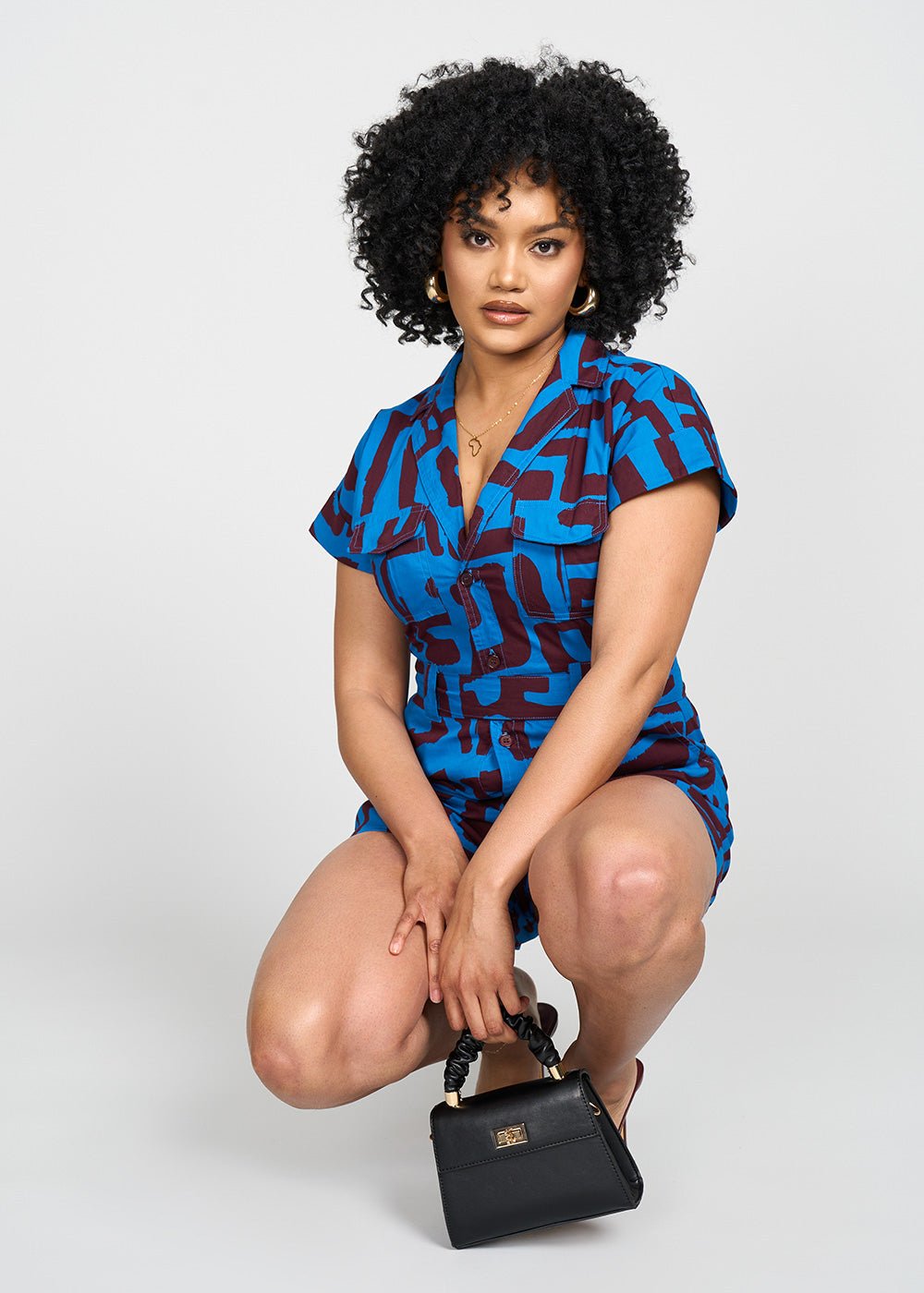 Asale Women's African Print Romper (Fig Blue Geometric) - D'IYANU