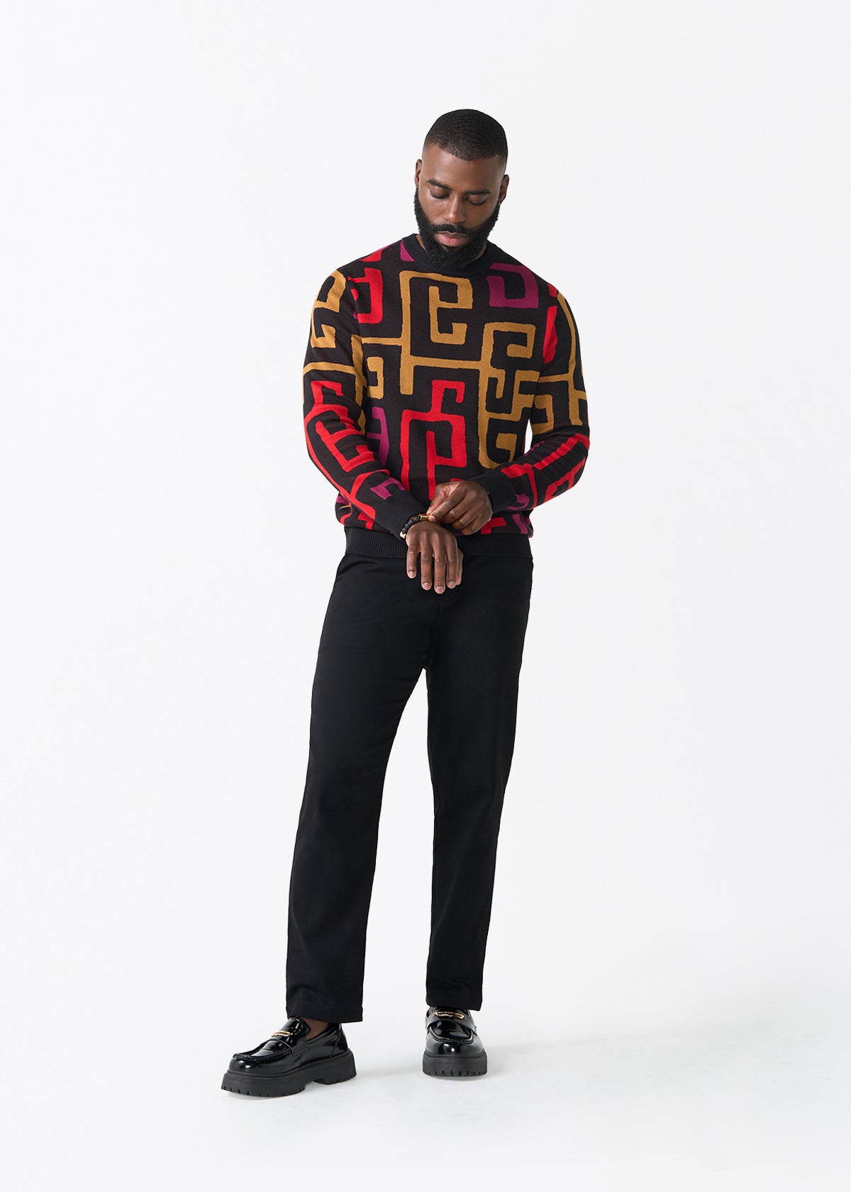 Asaye Men's African Print Crew Neck Sweater (Black Berry Kuba) - D'IYANU