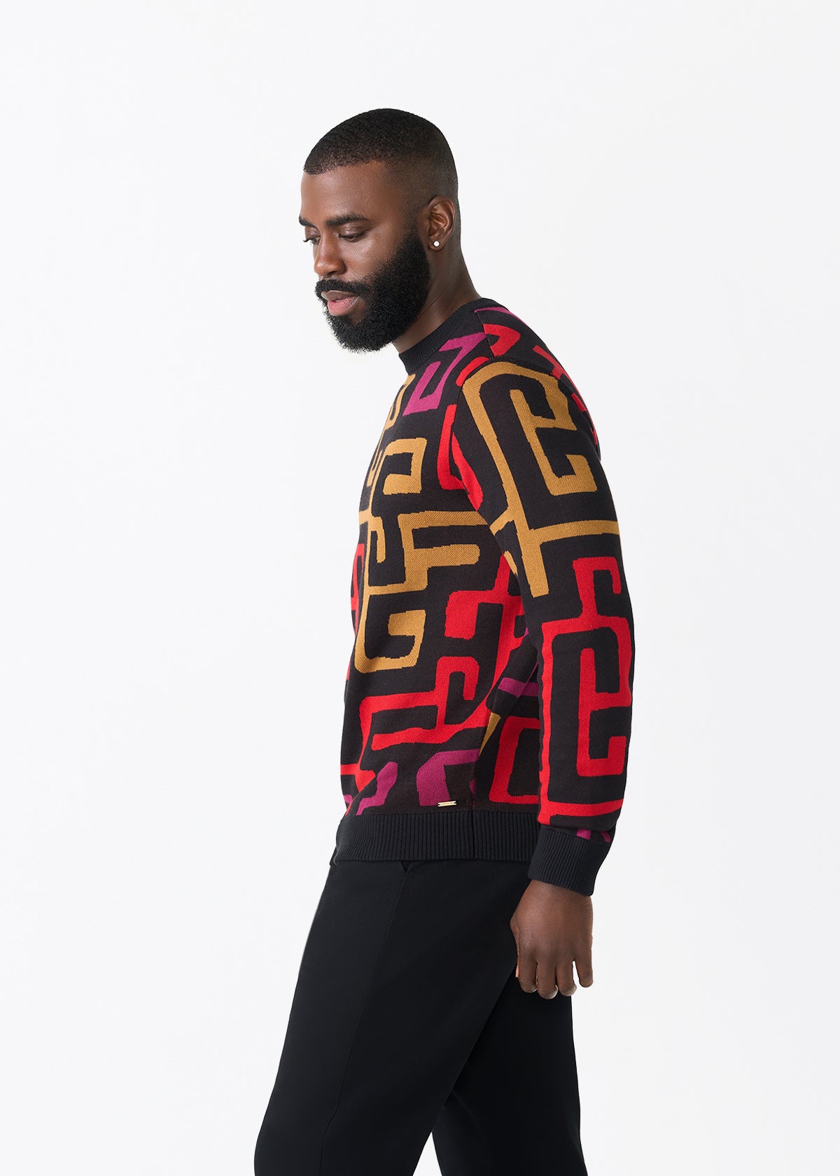 Asaye Men's African Print Crew Neck Sweater (Black Berry Kuba) - D'IYANU