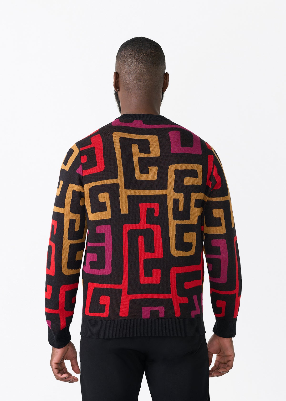 Asaye Men's African Print Crew Neck Sweater (Black Berry Kuba) - D'IYANU