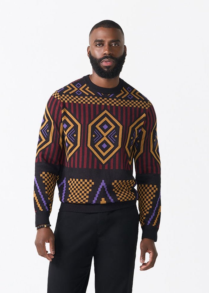 Asaye Men's African Print Crew Neck Sweater (Black Burgundy Tribal) - D'IYANU