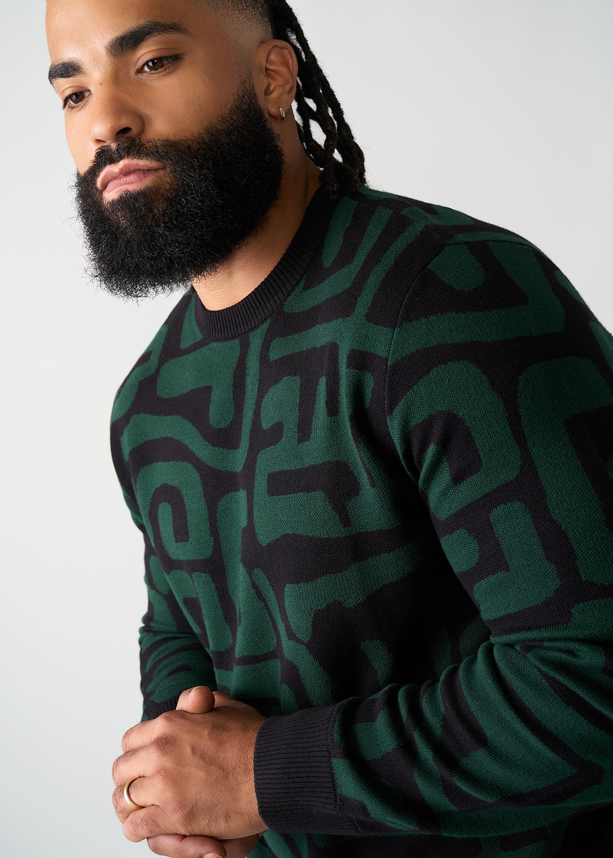 Asaye Men's African Print Crew Neck Sweater (Black Malachite Geometric) - D'IYANU