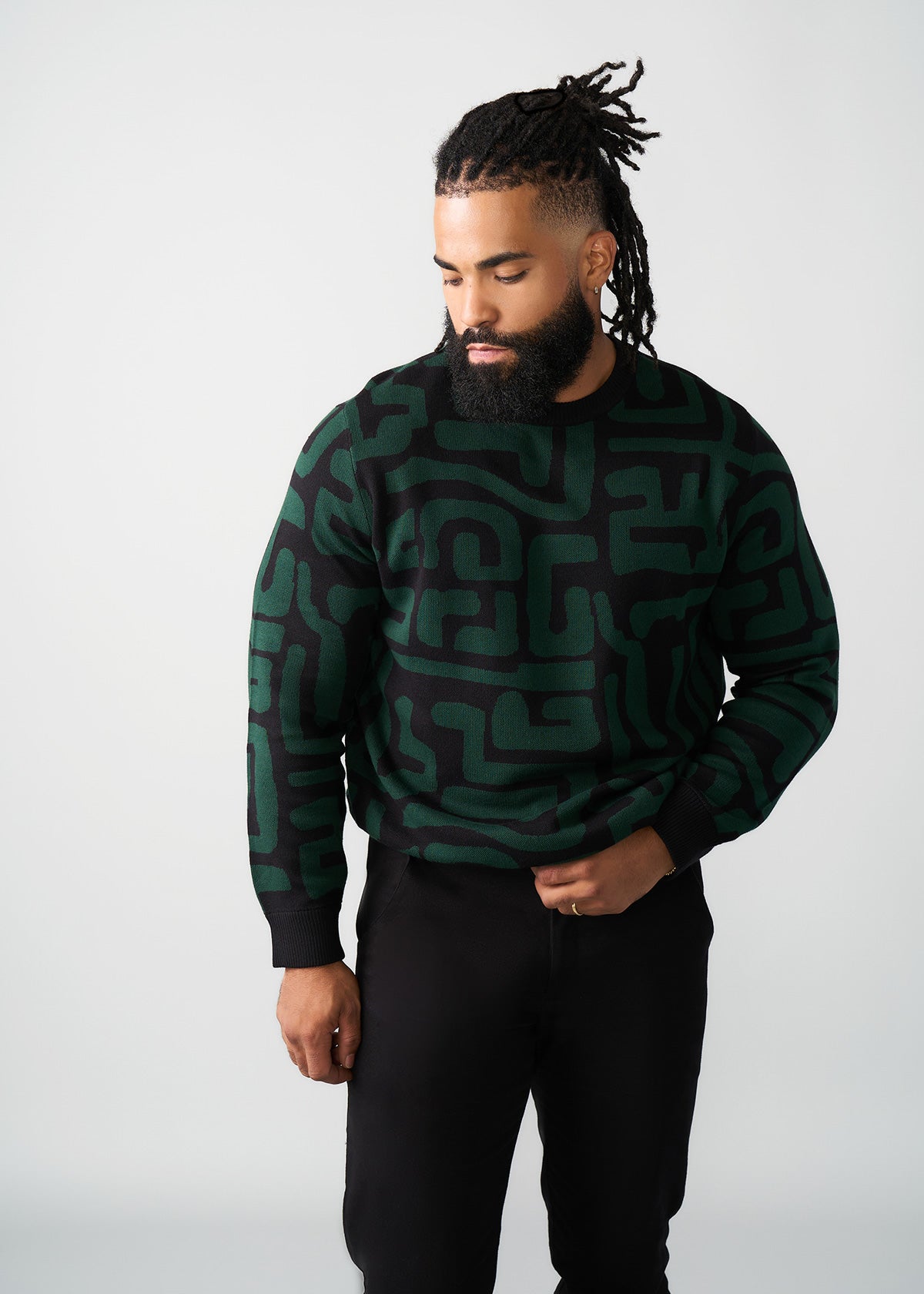Asaye Men's African Print Crew Neck Sweater (Black Malachite Geometric) - D'IYANU
