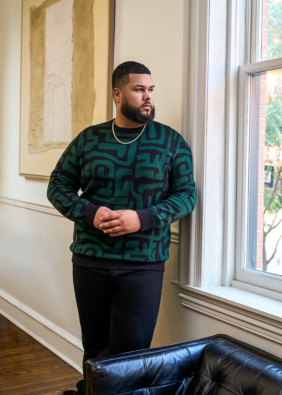 Asaye Men's African Print Crew Neck Sweater (Black Malachite Geometric) - D'IYANU