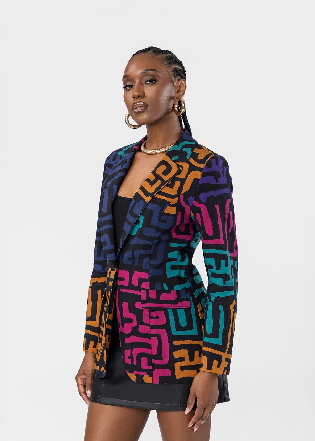 Asra Women's African Print Curved hem Blazer (Ebony Multi Geometric) - D'IYANU