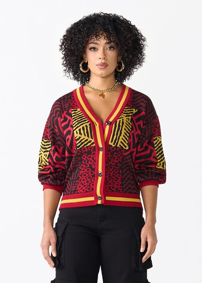 Ayaan Women's African Print Cropped Cardigan (Black Cherry Multipattern) - D'IYANU
