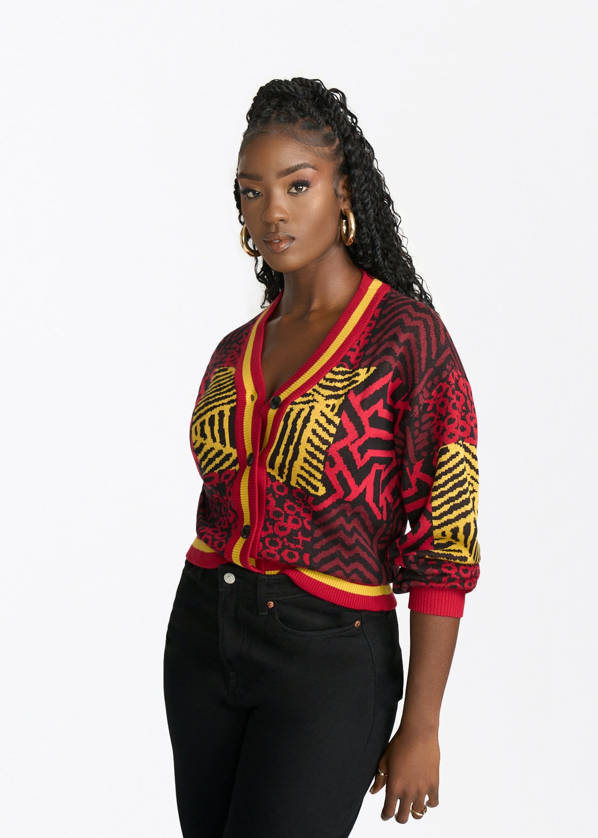 Ayaan Women's African Print Cropped Cardigan (Black Cherry Multipattern)