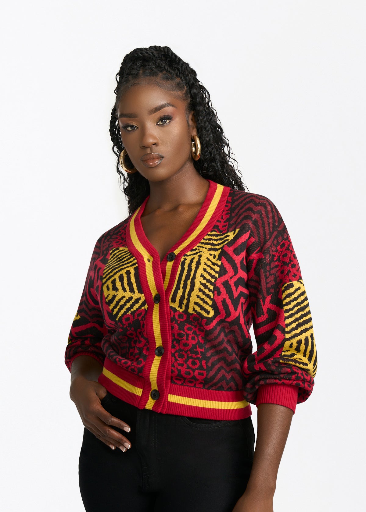Ayaan Women's African Print Cropped Cardigan (Black Cherry Multipattern)