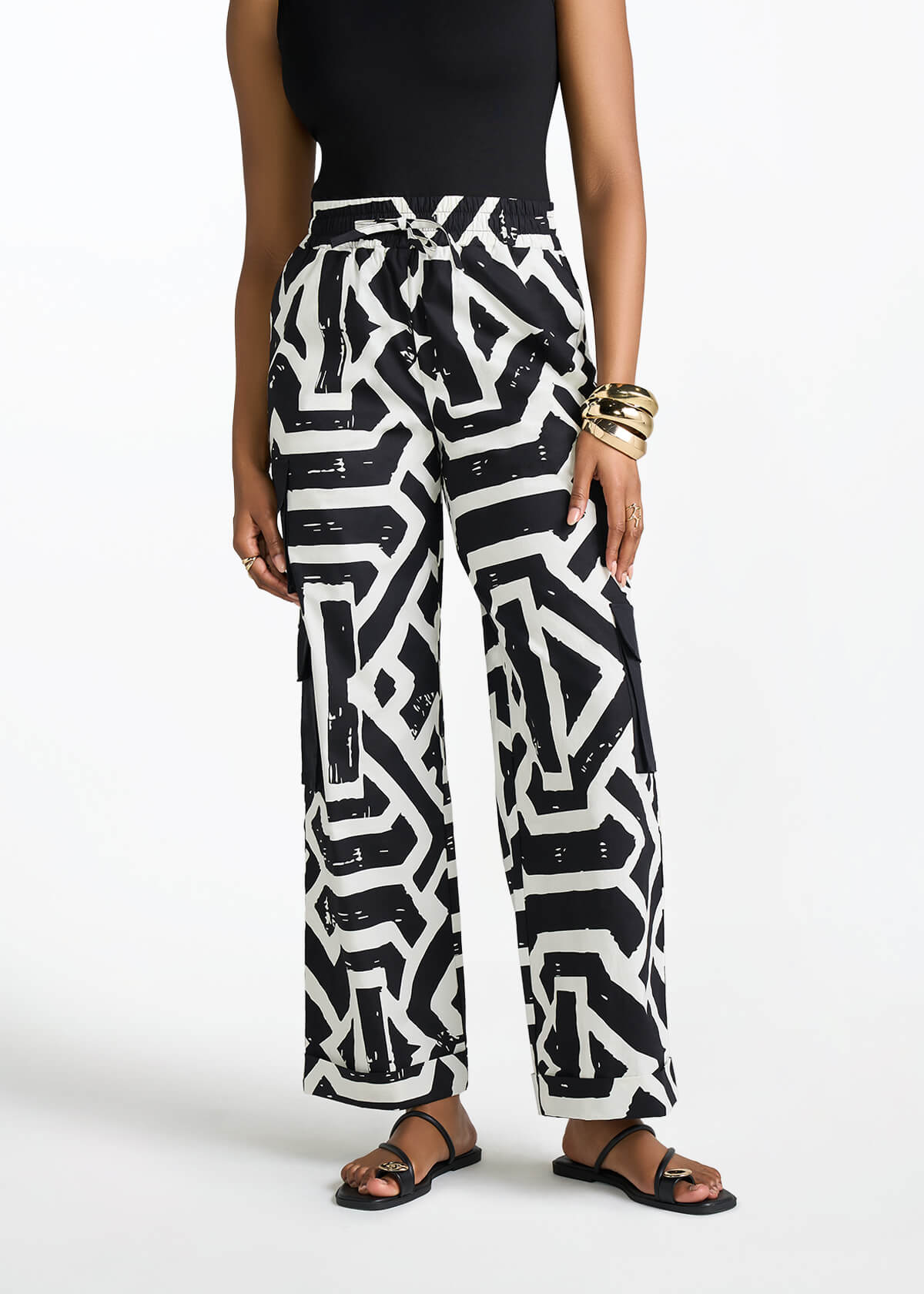 Ayoka Women's African Print Twill Cargo Pants (Onyx Cream Tribal) - D'IYANU