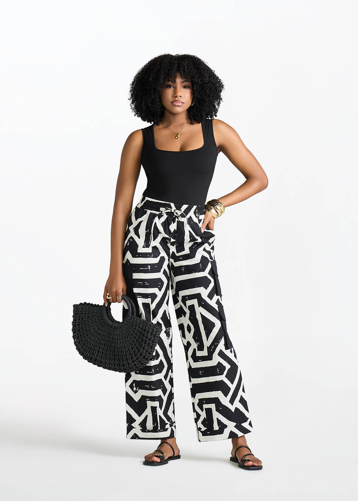 Ayoka Women's African Print Twill Cargo Pants (Onyx Cream Tribal) - D'IYANU