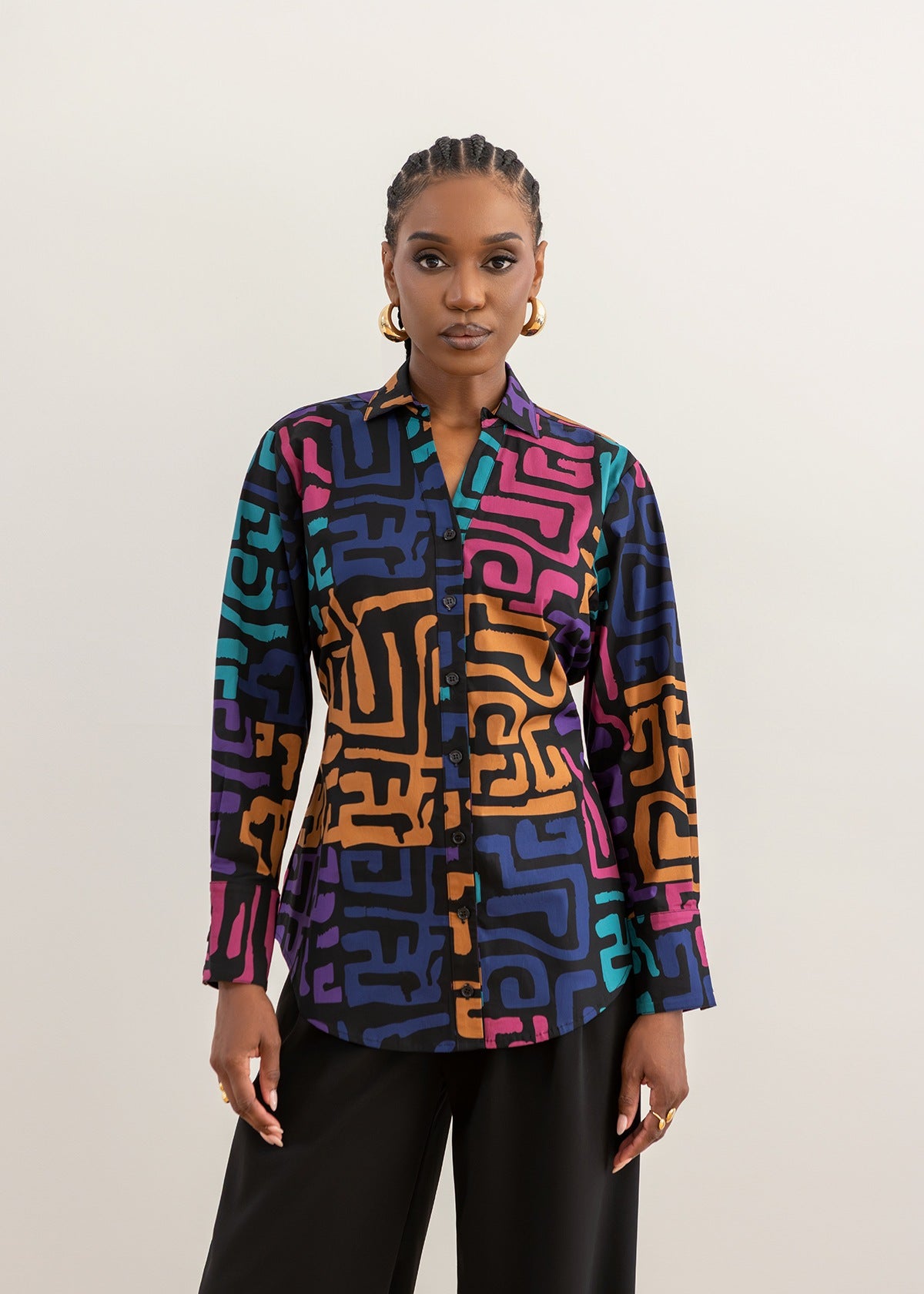 Ayoola Women's African Print Tie Back Button-Up Top (Ebony Multi Geometric) - D'IYANU