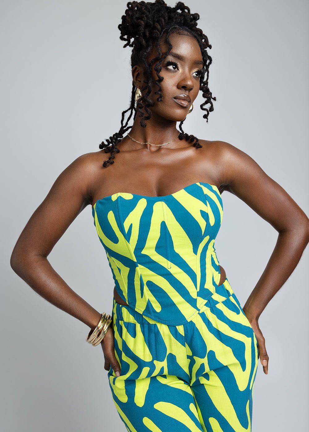 Caimile Women's African Print Stretch Corset (Lime Zebra Abstract) - D'IYANU
