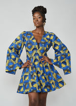 Cali Women's African Print Dress (Blue Gold Circles) - D'IYANU