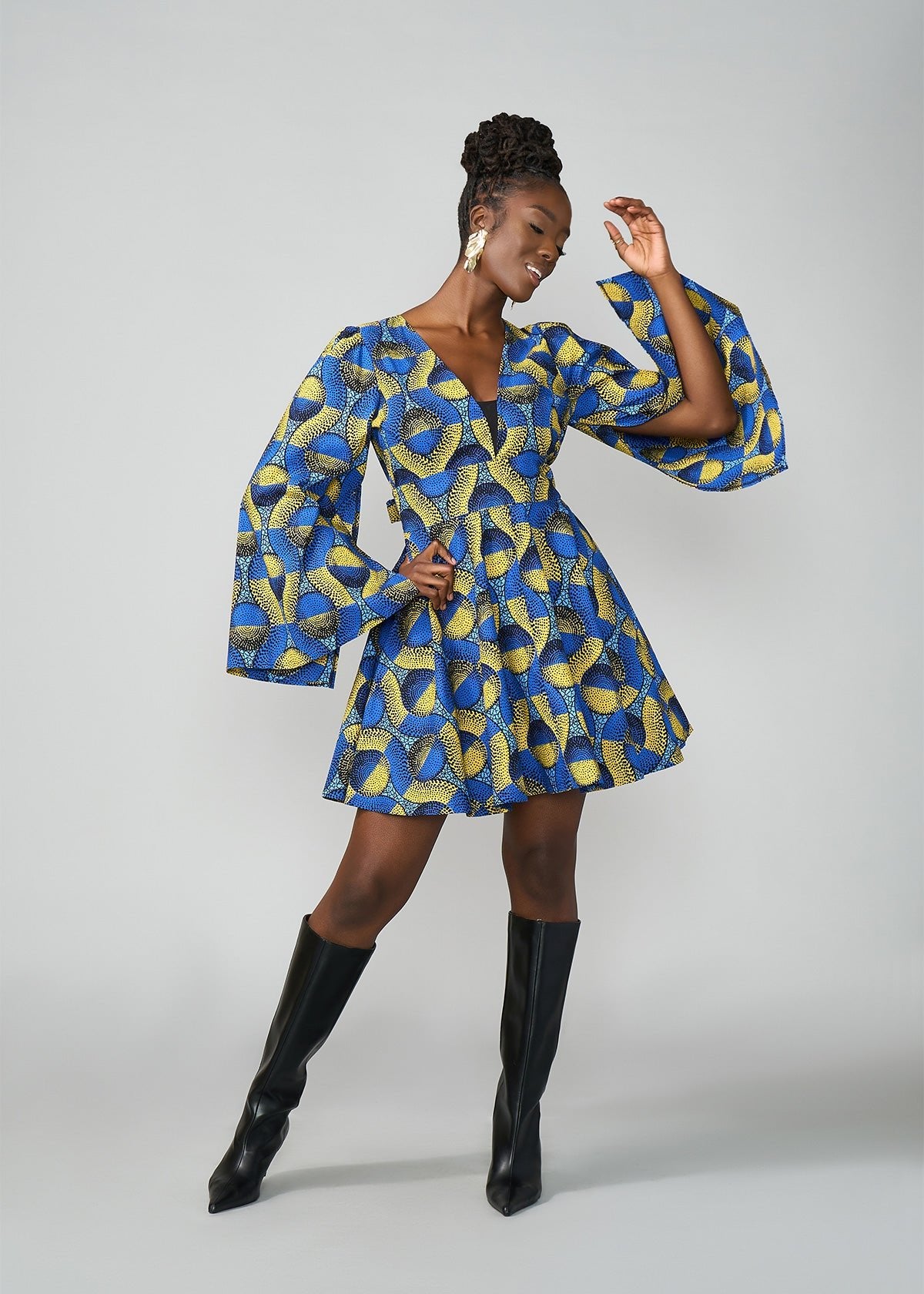 Cali Women's African Print Dress (Blue Gold Circles) - D'IYANU
