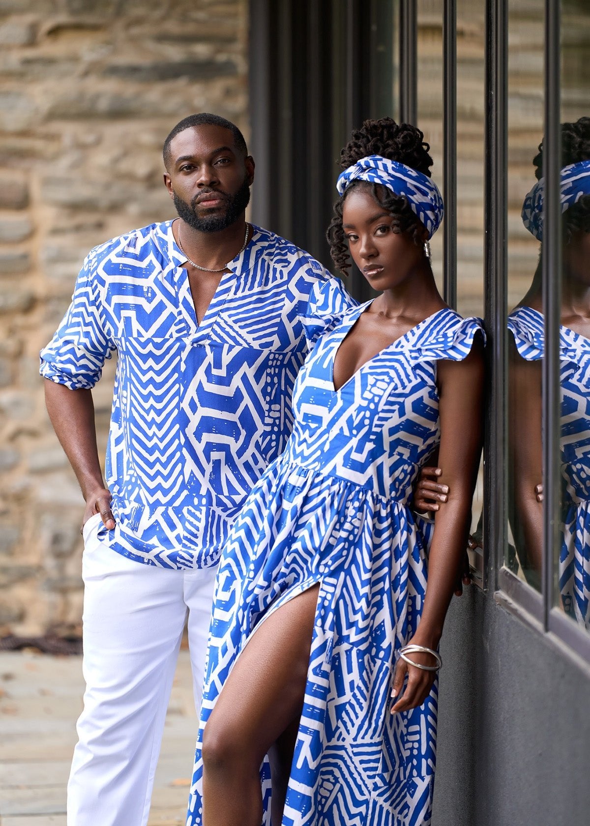 Ajisomo Men's African Print Tunic (White Cobalt Tribal) - D'IYANU