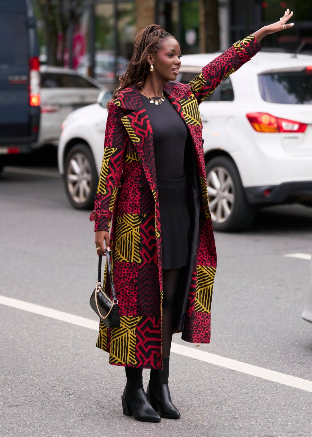 Ebony Women's African Print Utility Trench Coat (Black Cherry Multipattern) - D'IYANU