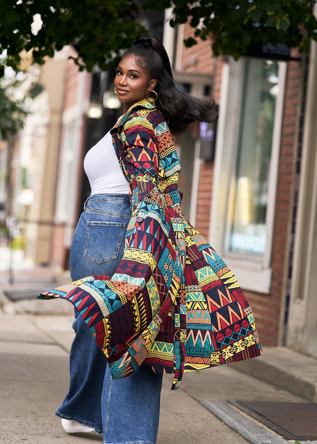 Ebony Women's African Print Utility Trench Coat (Navy Multicolor Kente) - D'IYANU