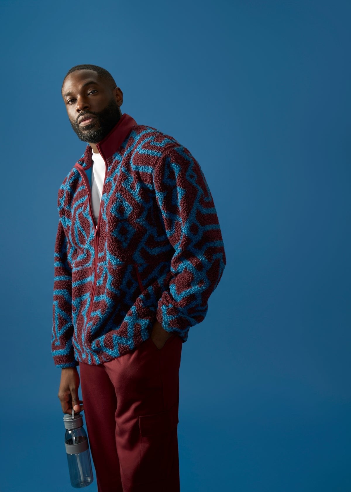 Idir Men's African Print Teddy Fleece Jacket (Maroon Teal Tribal) - D'IYANU