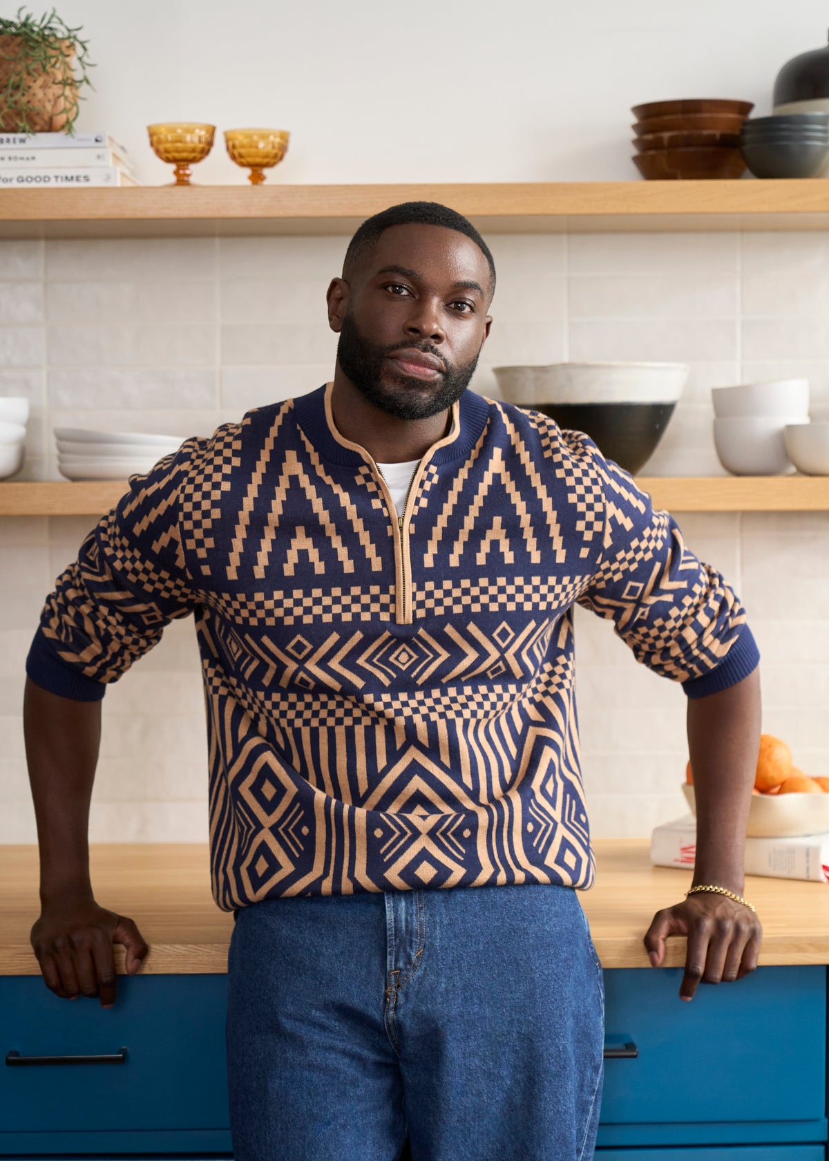 Kibo Men's African Print Quarter-Zip Sweater (Navy Tan Tribal) - D'IYANU