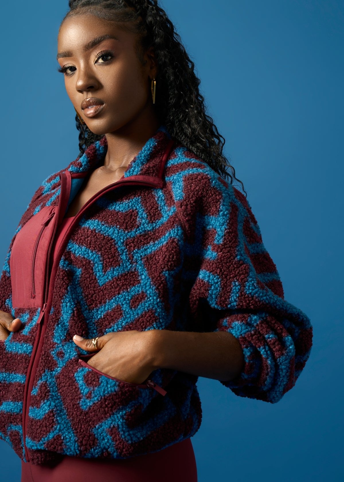 Sisi Women's African Print Teddy Fleece Jacket (Maroon Teal Tribal) - D'IYANU