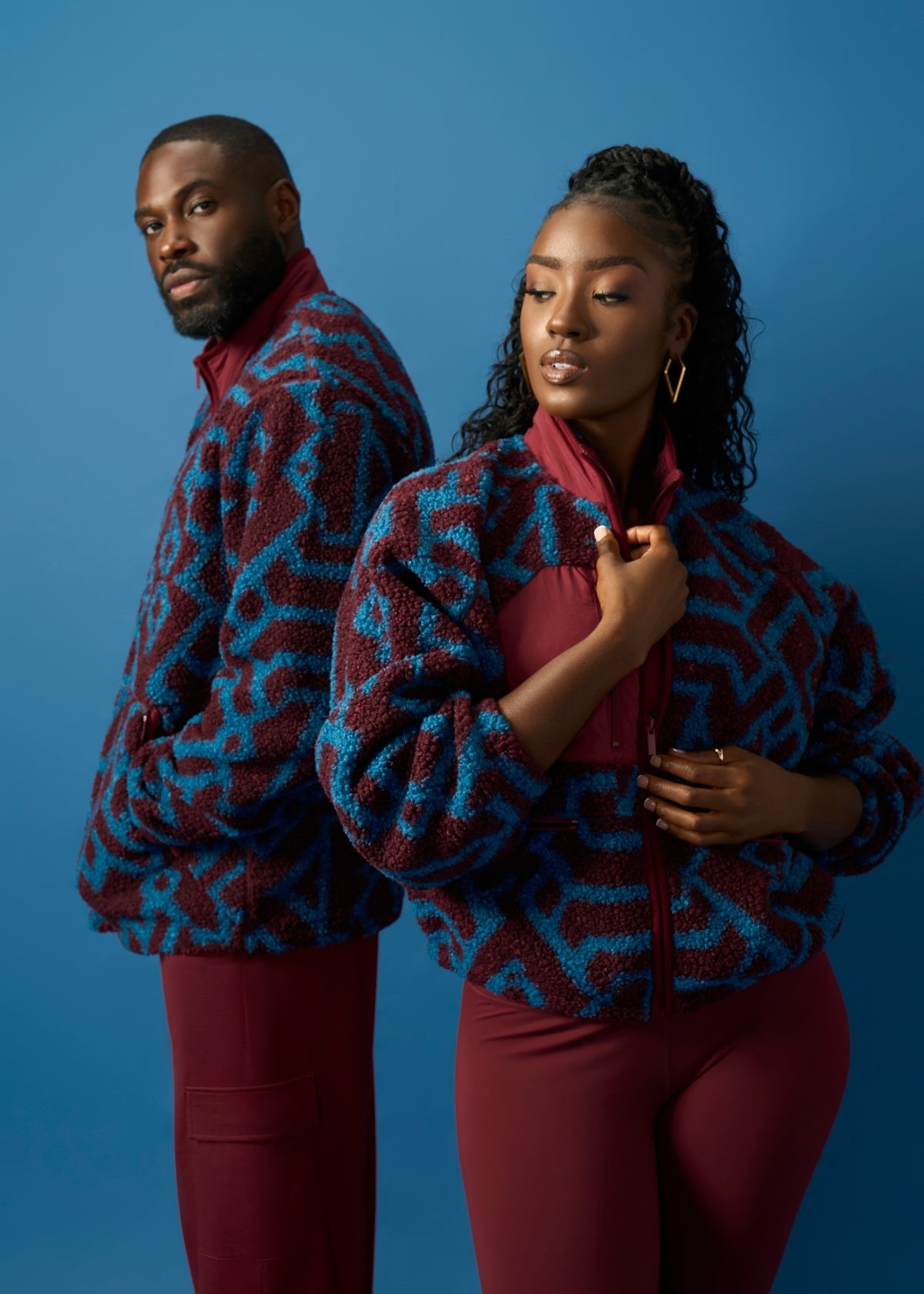 Sisi Women's African Print Teddy Fleece Jacket (Maroon Teal Tribal) - D'IYANU