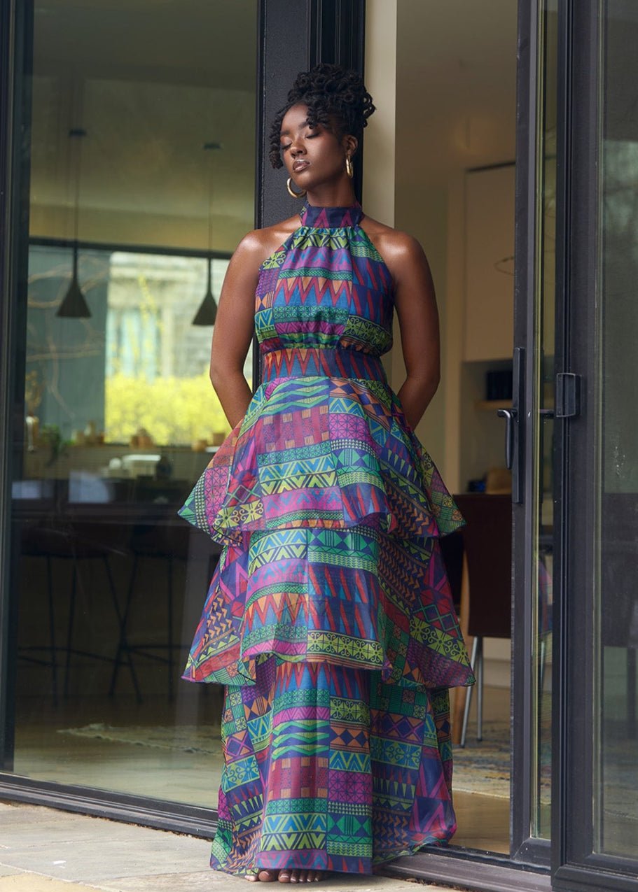 Fatimata Women's African Print Organza Maxi Dress (Navy Green Kente) - D'IYANU