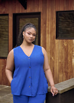 Ifeoma Women's Linen Blend Button-Up Vest (Cobalt) - Clearance - D'IYANU