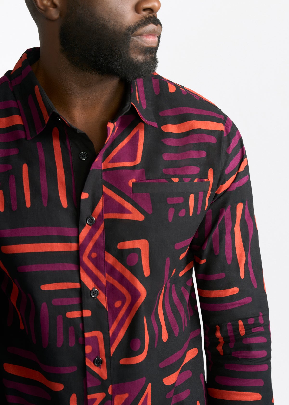 Chane Men's African Print Button-Up Shirt (Black Peach Tribal) - D'IYANU