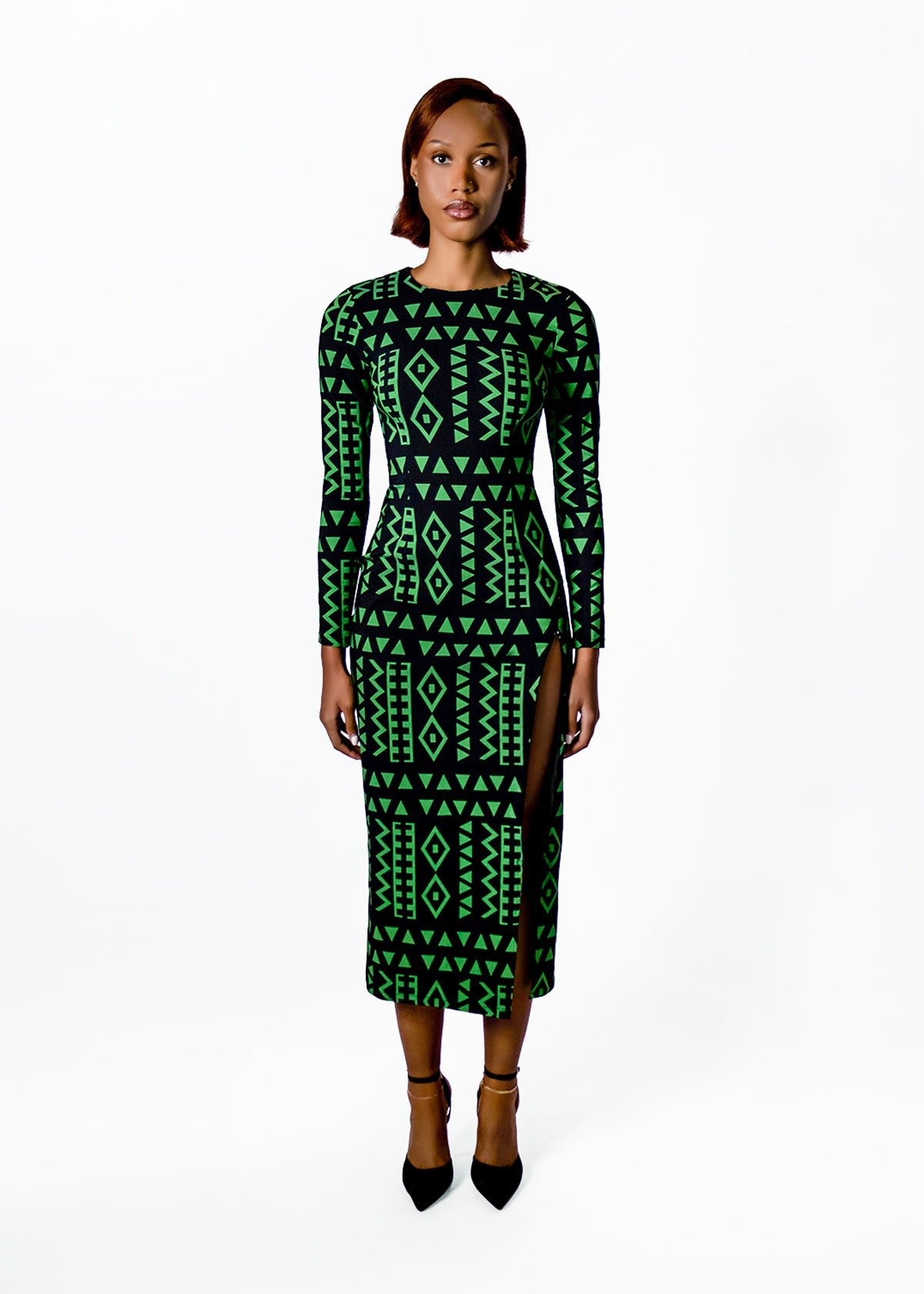 Chidima Women's African Print Fitted Dress (Moss Black Geometric)