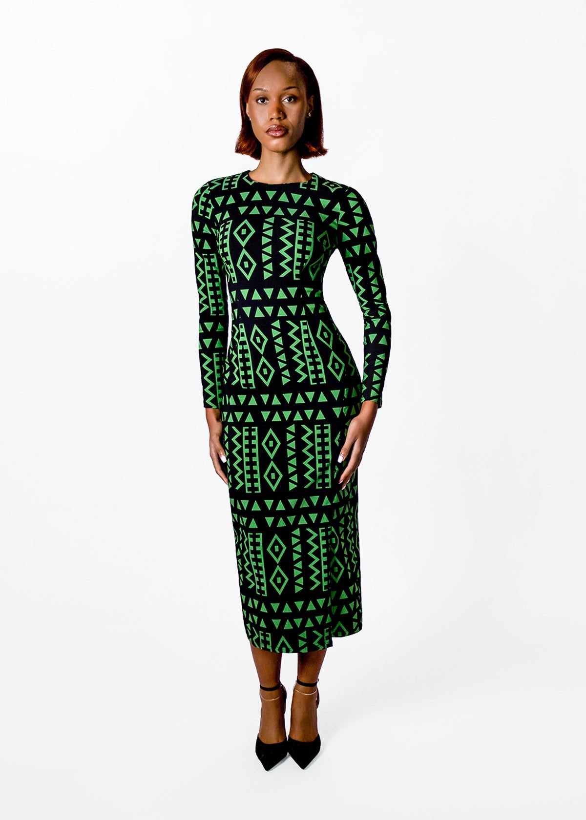 Chidima Women's African Print Fitted Dress (Moss Black Geometric)
