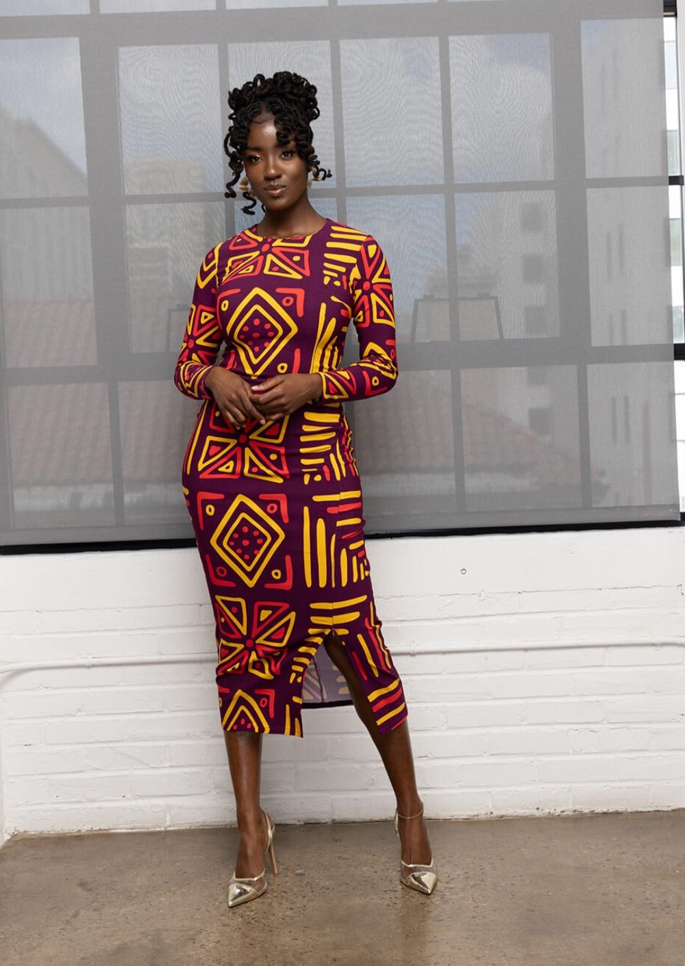 Chidima Women's African Print Stretch Midi Dress (Plum Gold Tribal) - D'IYANU