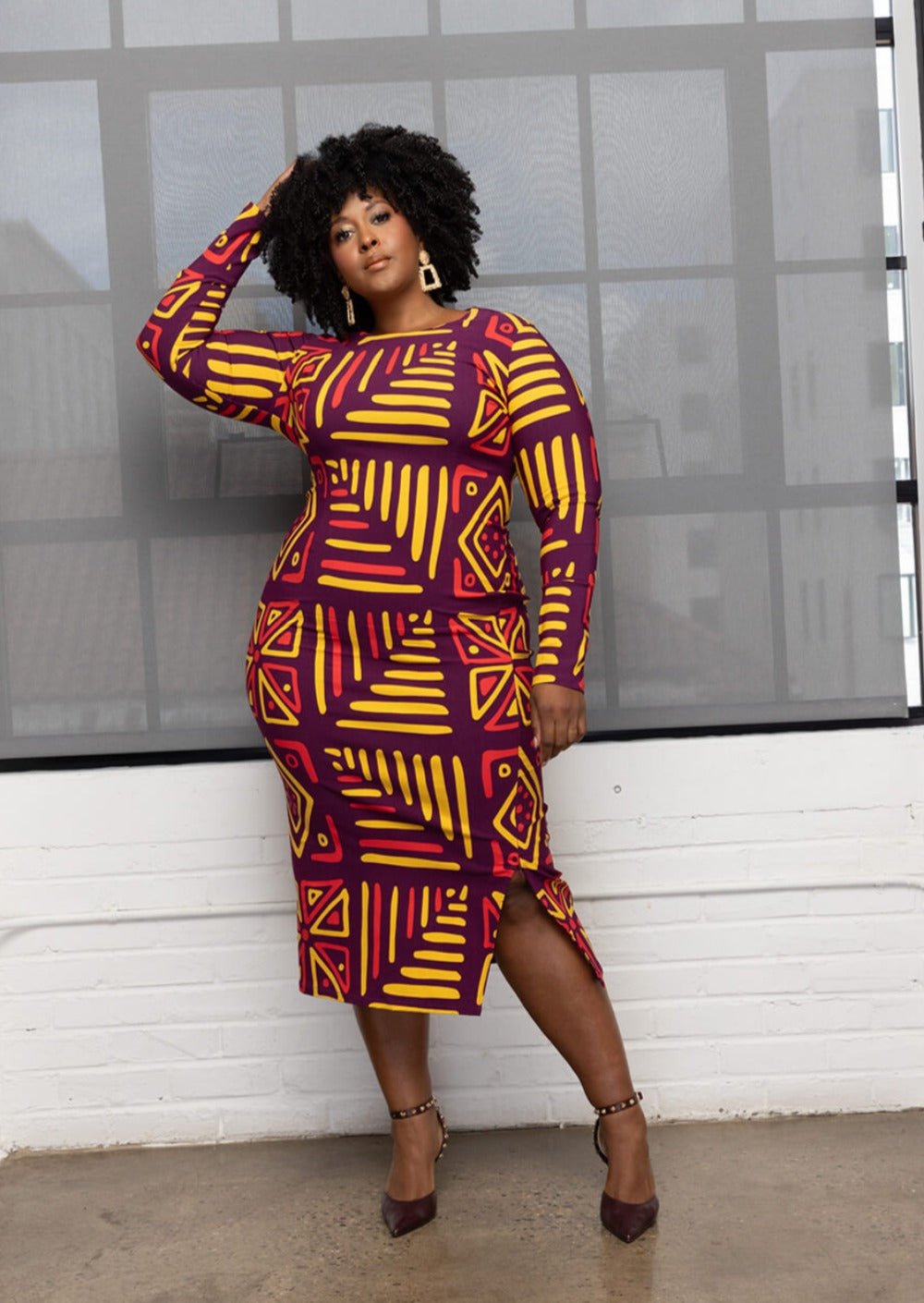 Chidima Women's African Print Stretch Midi Dress (Plum Gold Tribal) - D'IYANU