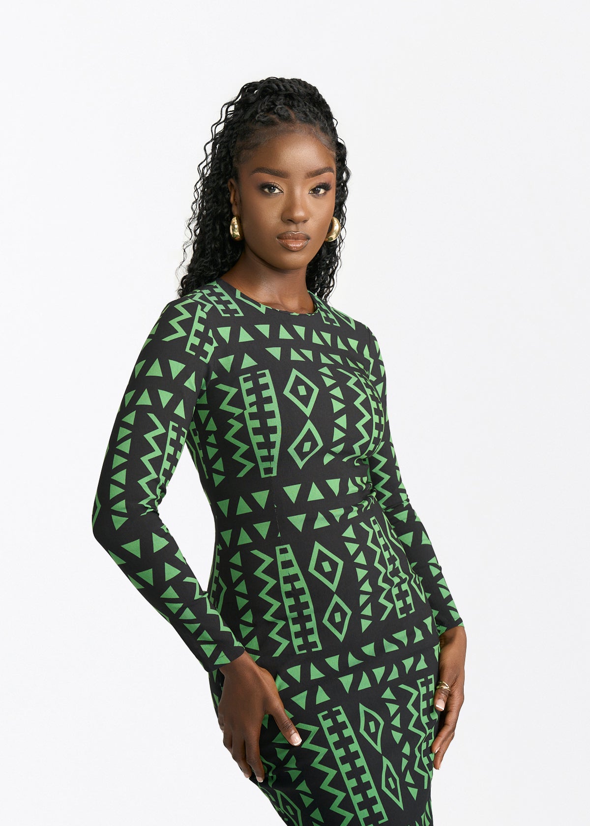 Chidima Women's African Print Fitted Dress (Moss Black Geometric) - D'IYANU