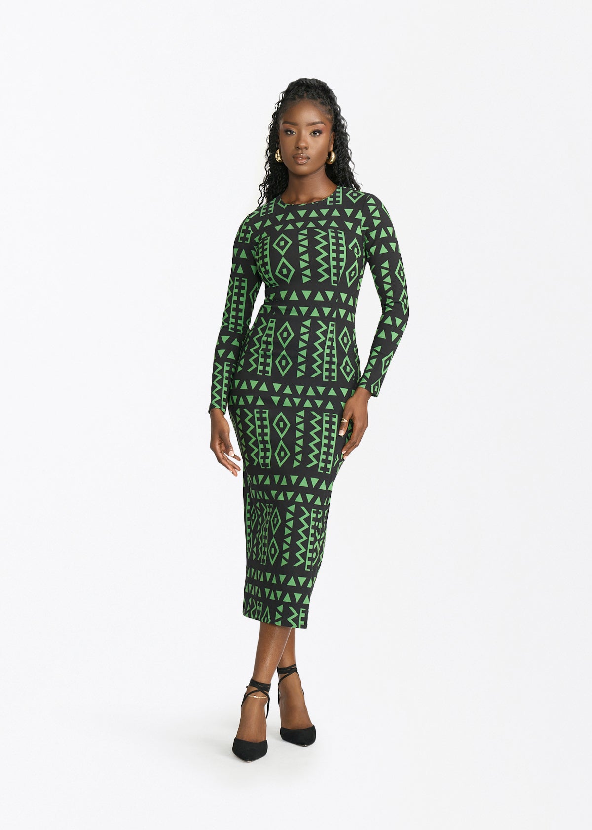Chidima Women's African Print Fitted Dress (Moss Black Geometric) - D'IYANU