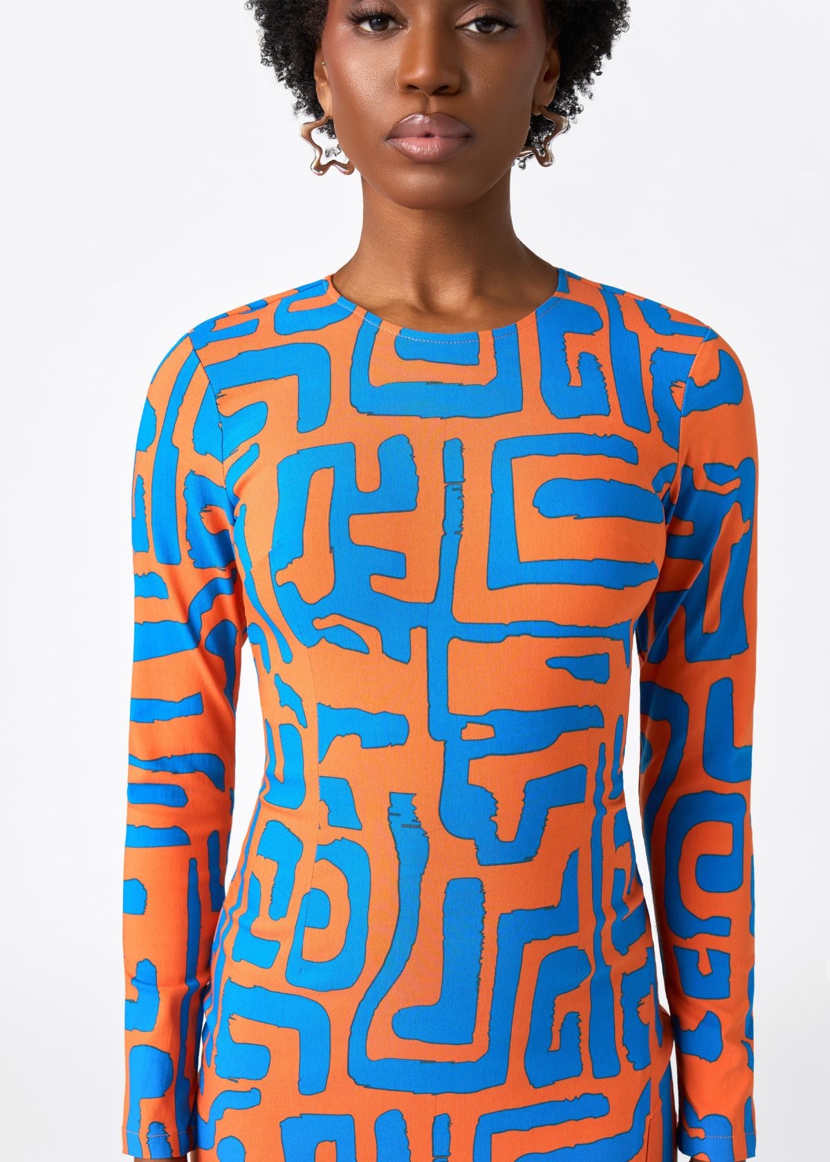 Chidima Women's African Print Stretch Midi Dress (Orange Blue Geometric) - D'IYANU