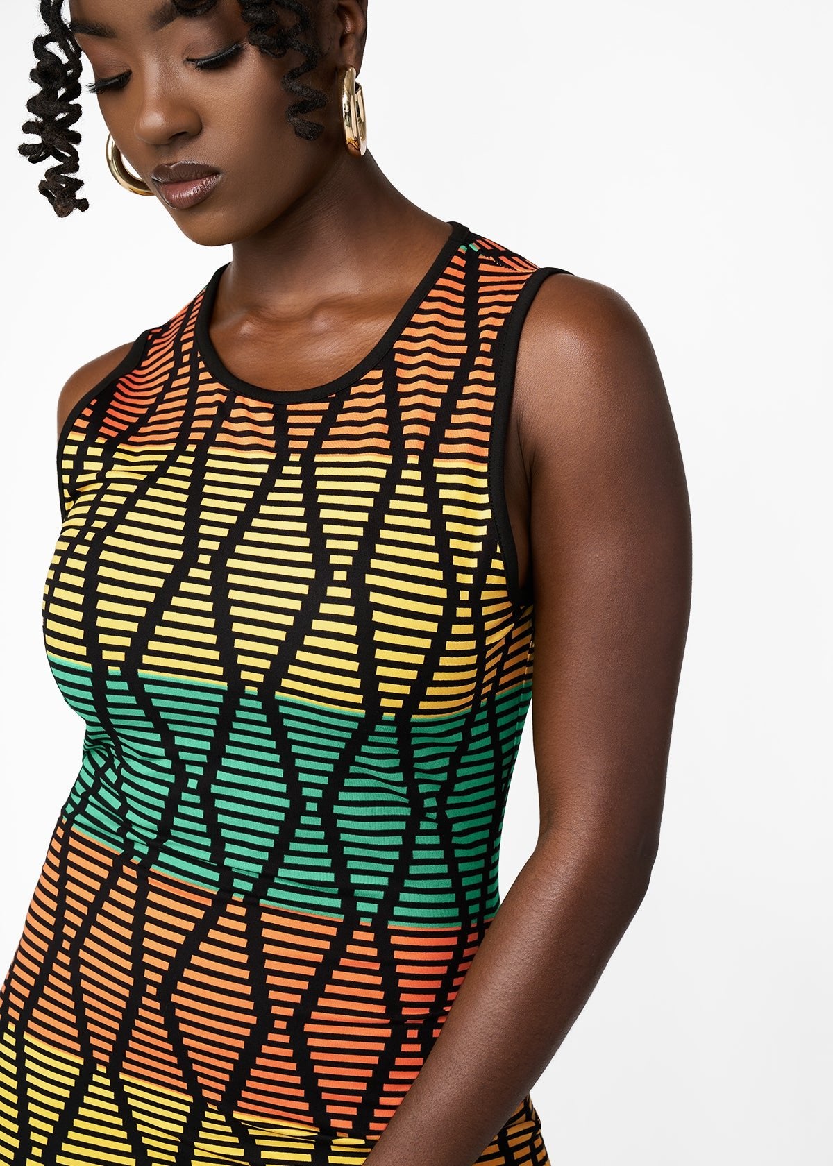 Danai Women's African Print Jersey Fringe Tank Dress (Multi Diamond Stripe) - D'IYANU