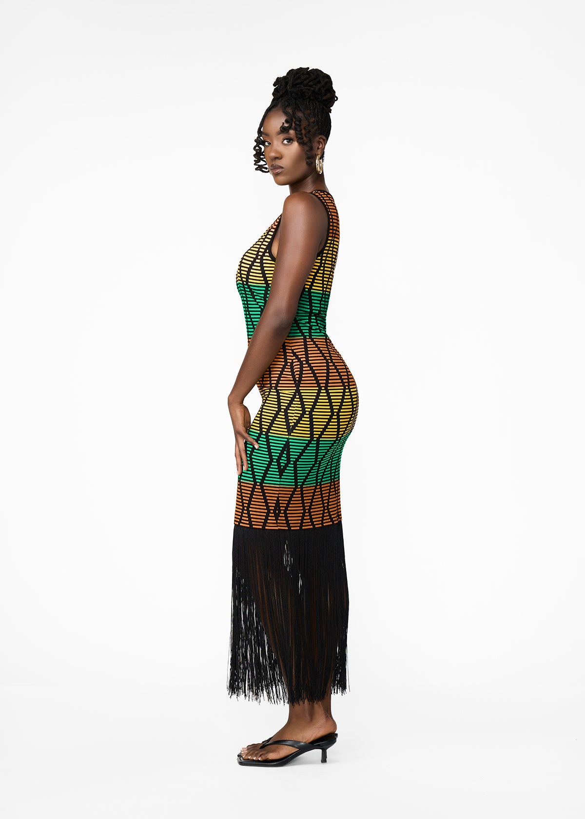 Danai Women's African Print Jersey Fringe Tank Dress (Multi Diamond Stripe) - D'IYANU