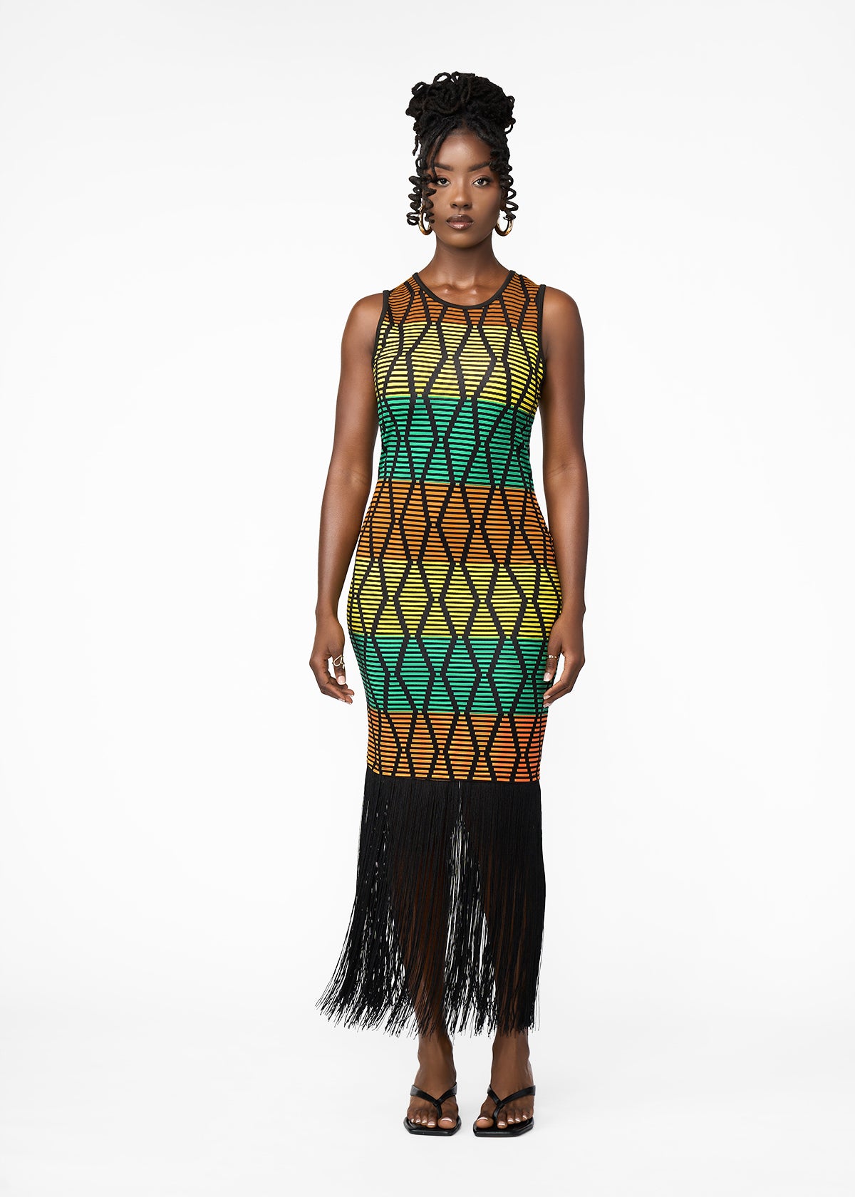 Danai Women's African Print Jersey Fringe Tank Dress (Multi Diamond Stripe) - D'IYANU