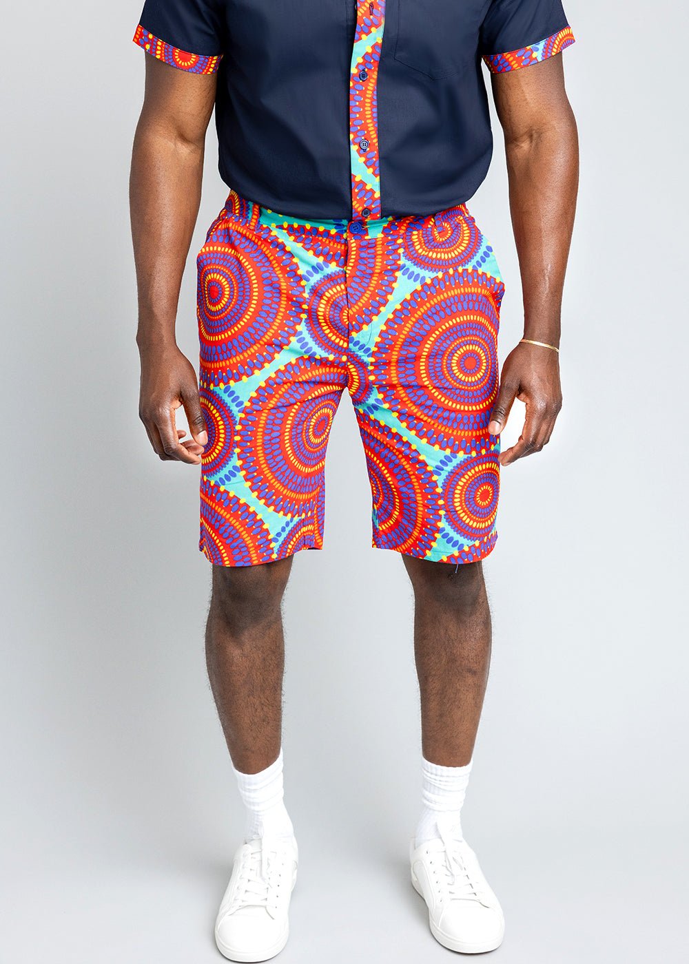Debare Men's African Print Shorts (Turquoise Red Circles)- Clearance - D'IYANU