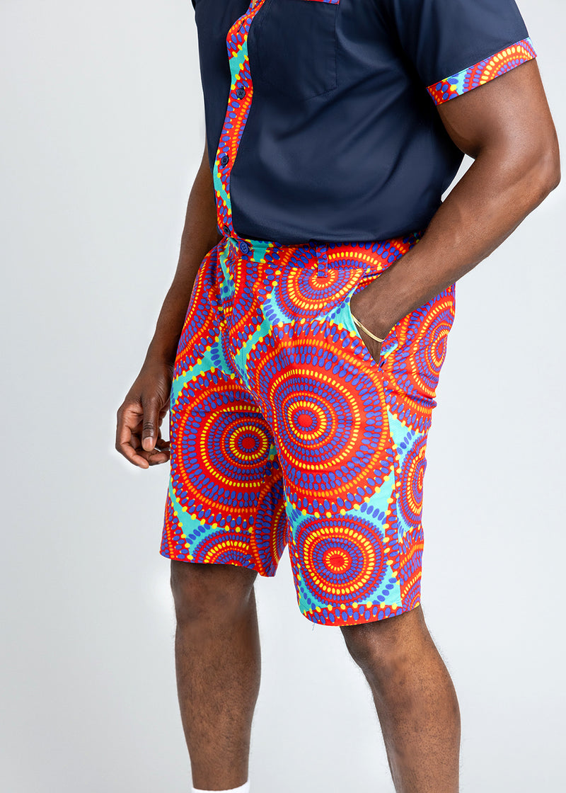 Debare Men's African Print Shorts (Turquoise Red Circles)