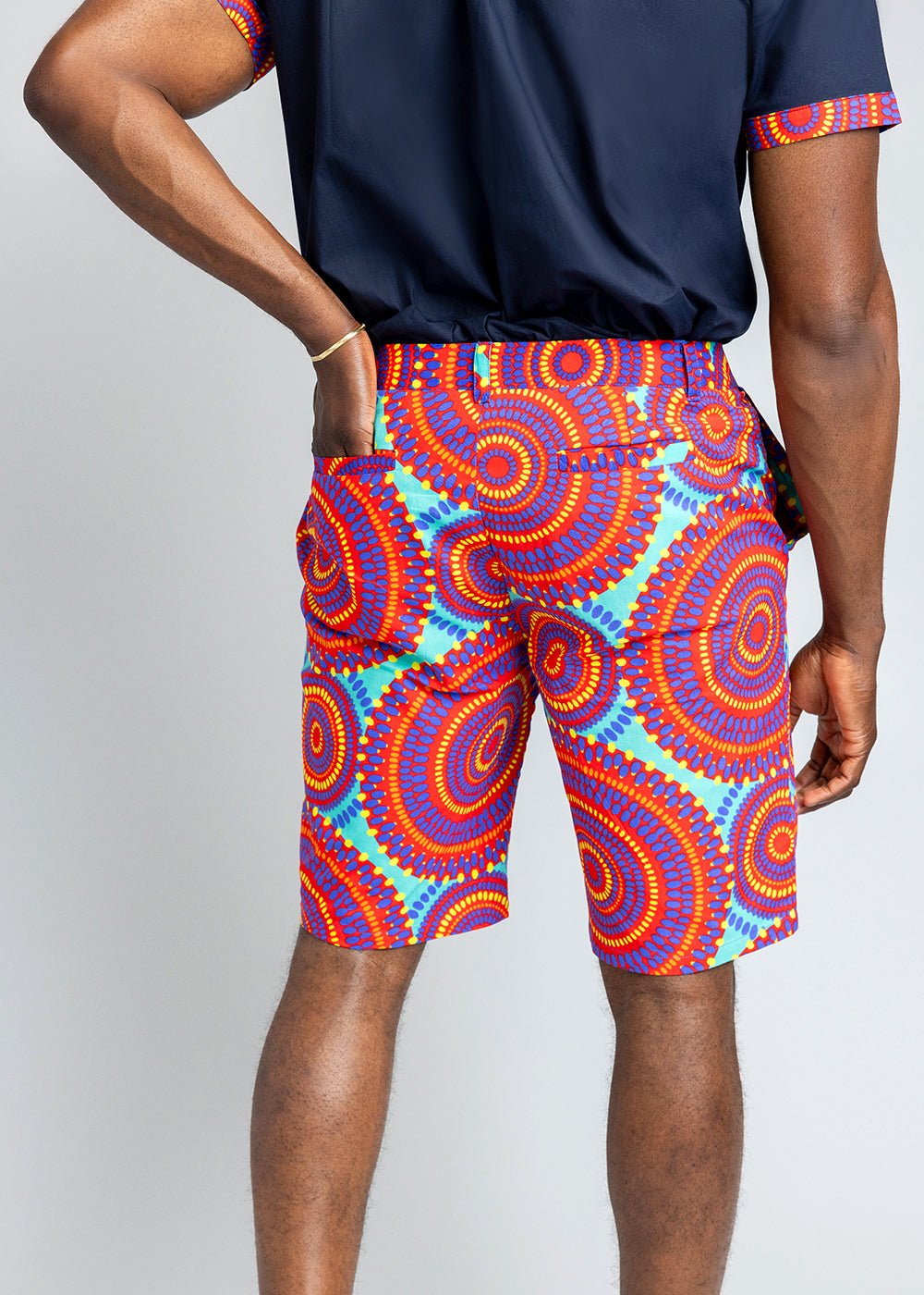 Debare Men's African Print Shorts (Turquoise Red Circles)- Clearance - D'IYANU